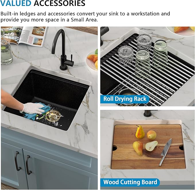 18 Undermount Bar Sink Workstation - Fulorni 18"x18" Undermount Wet Bar Sink Matte Black Granite Composite Quartz Classic Single Bowl Under Counter Small Kitchen Bar Prep RV Sink Basin