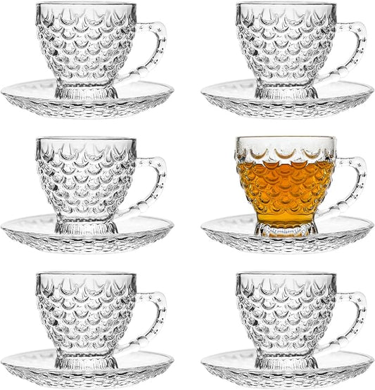 Glass Tea Cups and Saucers Set of 6 - Fish Scale Coffee Mugs - Teacups Set for Espresso Cappuccino Latte Tea - Dishwasher Microwave Safe (7OZ / 210ML)