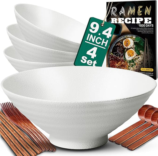 9.4Inch Ceramic Ramen Bowl Set of 4 (17 Piece) - Porcelain Japanese Salad Noodles Cereal Fruit Pasta Soup Large Bowls with Recipes Chopsticks Forks Spoons for Men Women Gift Microwave Dishwasher Safe