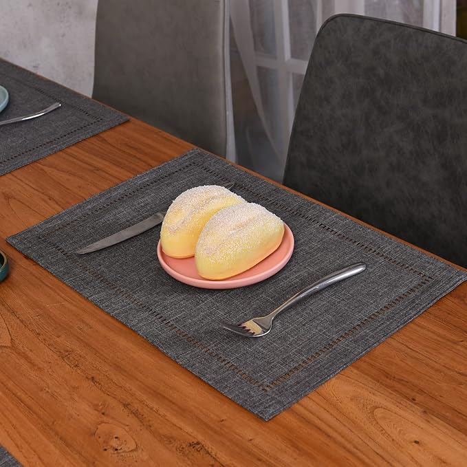 Tosewever Set of 6 Decorative Linen Placemats 12 x 18 Inches, Farmhouse Style Table Mats for Everyday Dining Wedding Party Holiday Home Decor (6 Pieces 12 x 18”, Grey/Straight)