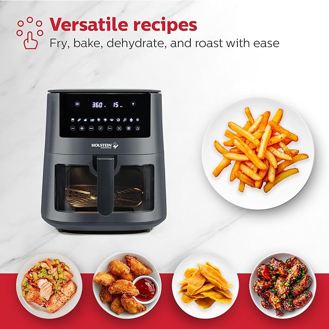 Holstein Housewares 7.6QT Digital Air Fryer with viewing window and led display with 7 preset options. Fry, bake, grill, dehydrate, and roast healthier recipes. Dishwasher Safe