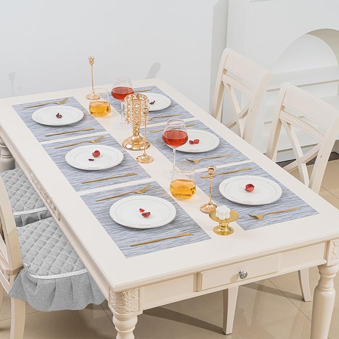 BACKTOEDEN Placemats Set of 6 Heat Resistant Washable Wipeable Placemats Woven Non-Slip Foldable Vinyl/Plastic Placemat Indoor/Outdoor Place Mats Kitchen Dining, Gray Silver Line