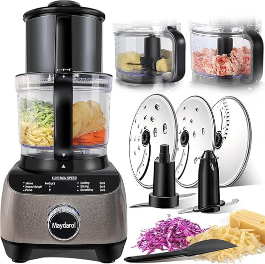 14 Cup Food Processor, French-Fry-Cutter, Blending, Mixing, Shredding, and Slicing, Meat and Vegetable Chopping, Doughing for Home Use, Mincing, and Pureeing,4 Speeds,600W