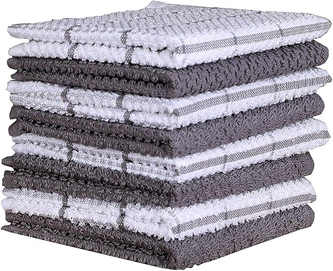 AMOUR INFINI Cotton Kitchen Dish Cloths Set of 8 – Highly Absorbent, Super Soft Premium Terry Cleaning Cloth (12"x12" Inch) Premium Dishcloths for Washing Dishes (Light Gray)