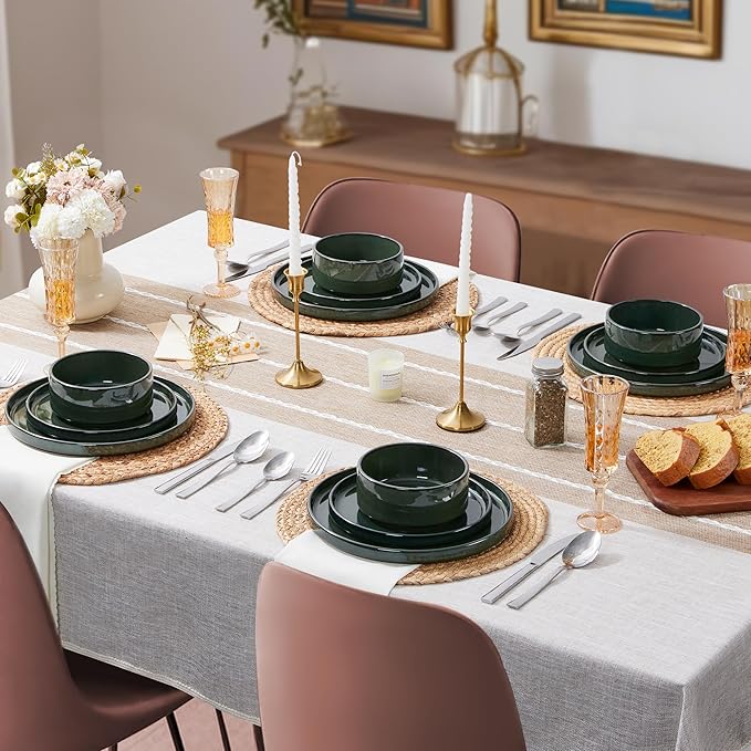 LIANYU Plates and Bowls Sets for 4, 12 Piece Stoneware Dinnerware Dishes Set, Ceramic Dinner Dishware for Pasta Dessert Cereal, Rustic Terracotta Bottom, Chip Resistant & Dishwasher Safe, Hunter Green