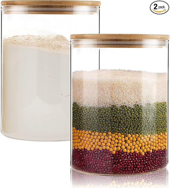 Food Storage Jars,2pack-105 Ounces3100ML -Stackable Glass Storage Containers Clear Glass Food Canister with Bamboo Lid Airtight For Serving Tea, Coffee, Flour, Sugar, Candy, Cookie, Spice and More
