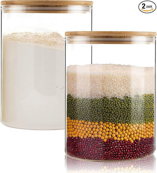 Food Storage Jars,2pack-105 Ounces3100ML -Stackable Glass Storage Containers Clear Glass Food Canister with Bamboo Lid Airtight For Serving Tea, Coffee, Flour, Sugar, Candy, Cookie, Spice and More
