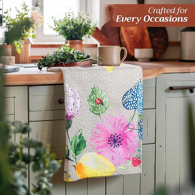 Maison d' Hermine Kitchen Towels Set of 2 100% Cotton 27.50" x 20" Reusable Cloth Tea Dish Towels Absorbent with Hanging Loop for Kitchen, Dining, Cocktail Parties Spring/Summer (Jardin D'Ete - Fog)