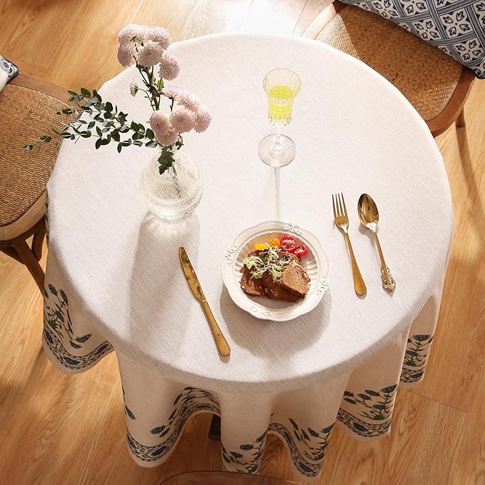 patdrea Designer Blue Tablecloth for Round Tables,Vintage Linen with Leaves and Flowers Pattern Tablecloths,Farmhouse Floral Table Cover Cloth Decor for Kitchen Dining Christmas,Diameter 67"