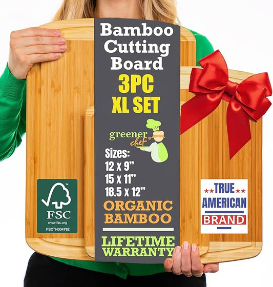 Organic Bamboo Cutting Boards for Kitchen Set of 3 with Lifetime Replacements – Premium Extra Large Wood Chopping Boards with Juice Grooves for Carving & Serving, Non-Toxic & Durable by Greener Chef