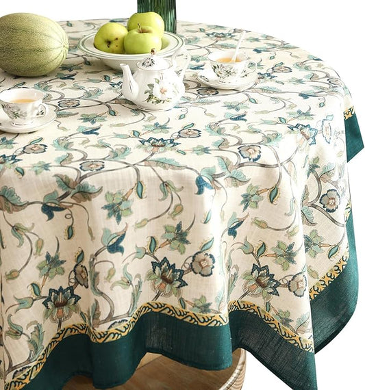patdrea Designer Floral Linen Table Cloth Durable Breathable Tabletop Cover Dacorative Kitchen Dining Tablecloth for Round Tables for Kitchen Dining Parties,Holiday Christmas,Diameter 55"
