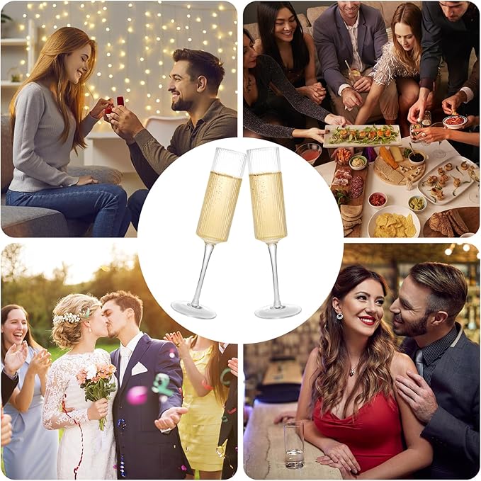 Topsky Ribbed Champagne Flutes, Set of 4, 8 oz Crystal Vintage Ridged Design, Clear Mimosa or Wedding Toasting Glasses