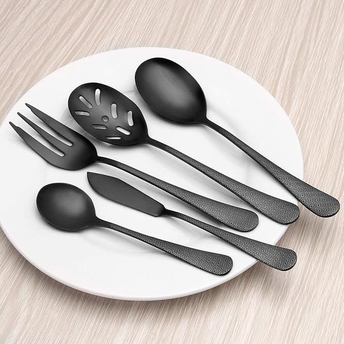 Matte Black Serving Set, sharecook 5-Piece 18/0 Stainless Steel Large Hostess Set with Round Edge, Satin Finished, Dishwasher Safe -Spoons, Forks,Butter Knife& Slotted Spoon