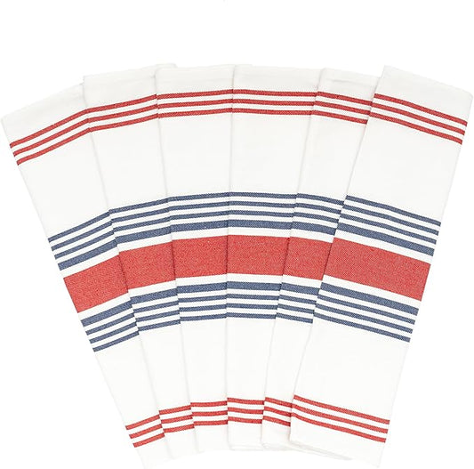 Red White and Blue Kitchen Towels - 6 Pack, 100% Cotton, 30"x20", Striped Patriotic Kitchen Tea Towels with Hanging Loop - Reusable, Absorbent and Washable 4th July Decor (6 Pack)
