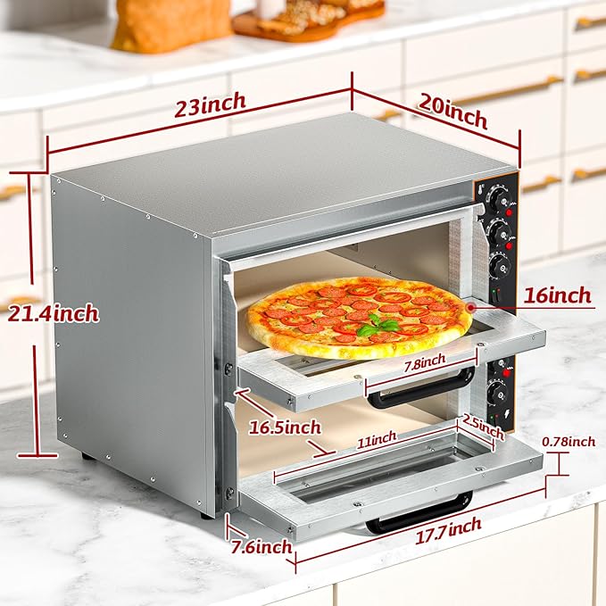 Shikha Commercial Countertop Pizza Oven 16 inch, Double-Layer Electric Pizza Maker Machine with Stone, Timer Stainless Steel Pizza Cooker for Restaurant Home use 110V