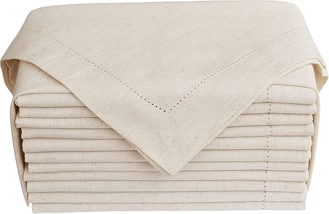 Natural Color Blend Cotton Linen Napkins Set of 12 - Hemstitched 18x18 Inch Decorative Elegant Soft Washable Reusable Flax Dinner Napkin for Dining Table Décor Weddings Party Christmas & Everyday Use