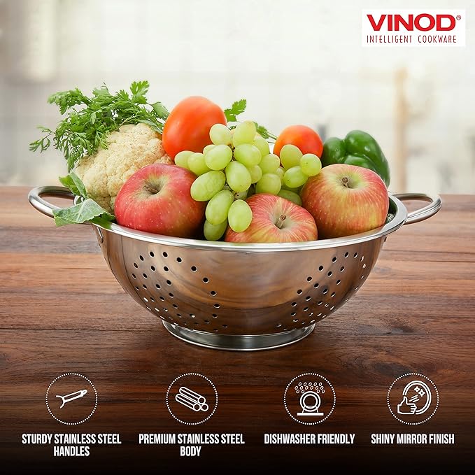 Vinod Stainless Steel Colander | 9.5 inches in Diameter | Dishwasher Friendly Strainer | Perforated Base | Suitable For Straining Fruits, Vegetables, Noodles, Pasta, Spaghetti | Steel Handles