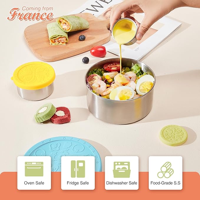 Stainless Steel Food Container, Set of 6, Nesting Bowls with Colorful Lids, stackable leakproof Metal Lunch Box Set for Kids, Daycare, School, Travel. Sauce Salad dressing Container to go (Harmony)