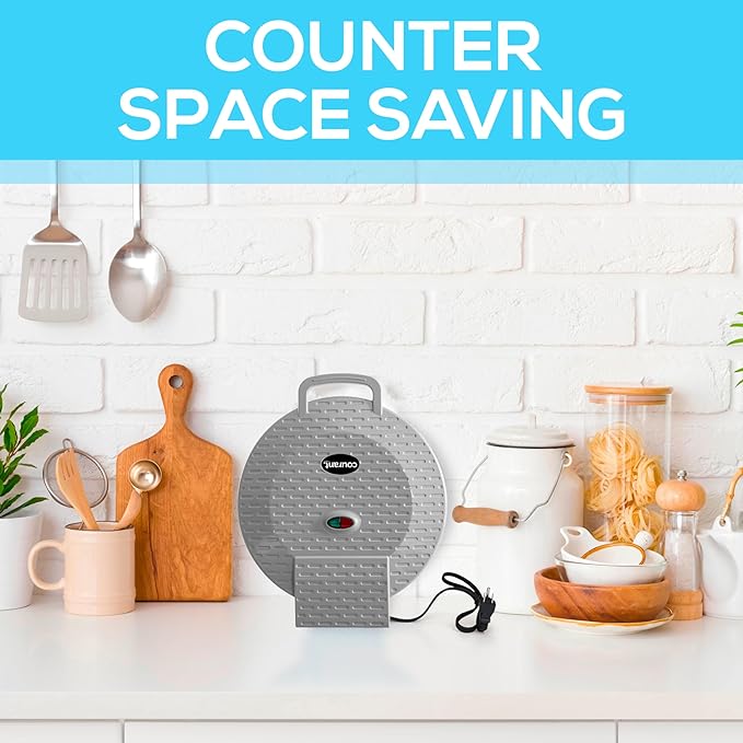 Courant Pizza Maker 12-inch Pizzas Machine, Newly improved Cool-touch Handle Non-Stick plates Pizza oven & Calzone Maker, Electric Countertop Oven for Home or School, 12” Indoor Grill/Griddle, Gray