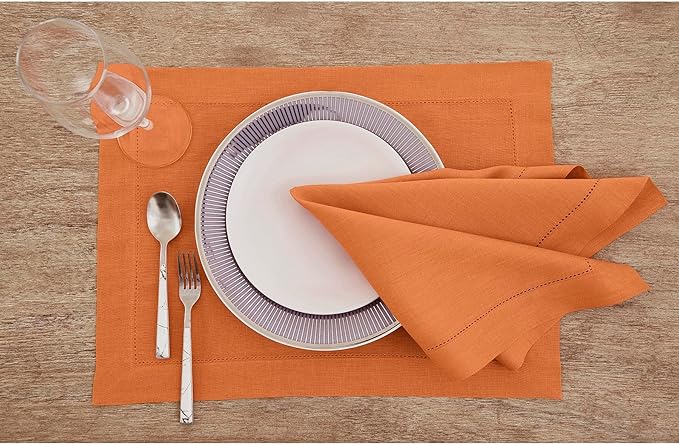 Solino Home Linen Napkins Set of 4 - Classic Hemstitch 100% Pure Linen Pumpkin Dinner Napkins Cloth 20 x 20 Inch for Fall, Autumn, Thanksgiving, Holiday - Handcrafted and Machine Washable