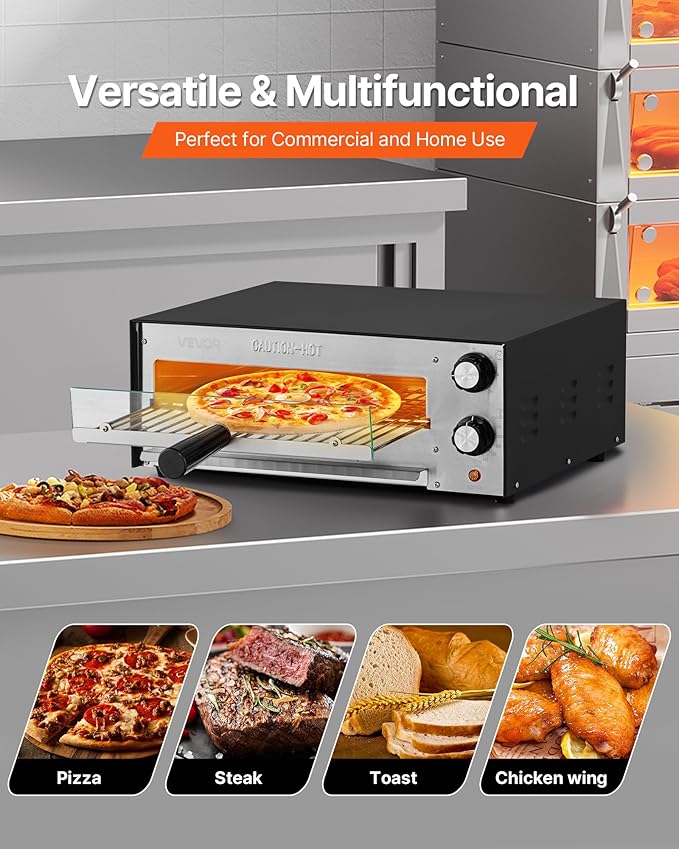 VEVOR Electric Pizza Oven, 12-inch Countertops Pizza Ovens, 572°F Max Temp, 1450W Indoor Pizzas Maker w/Timing & Temp Control, Pizza Cooker w/Dual Heat Tube, Crumb Tray, for Diner and Home Kitchen