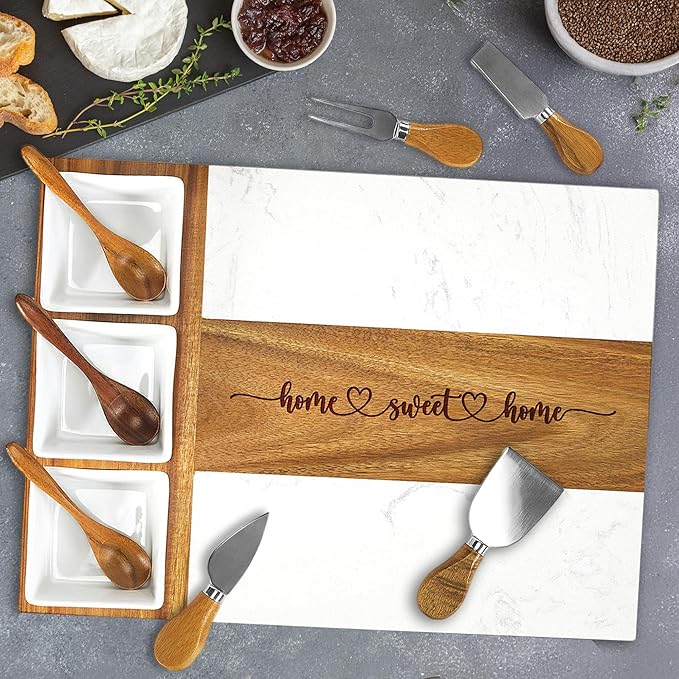 EMM Marble Cutting Board Set, Charcuterie Cheese Boards, 3 Bowls, 3 Spoons, 4 Charcuterie Utensils, Meat, Fruits, Vegetables, Housewarming, Wedding - Home Sweet Home