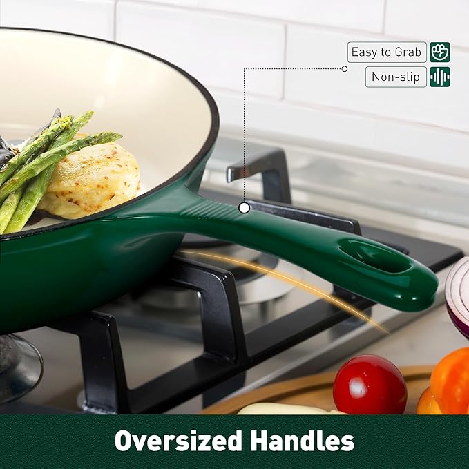 DishDelight Enameled Cast Iron Cookware Set, 7 Piece Set of Dutch Ovens, Sauce Pan, Skillet, 3 Lids, Ceramic Coated Cast Iron Dutch Oven Set, Round Dutch Oven Pot for Sourdough Bread Baking, Green