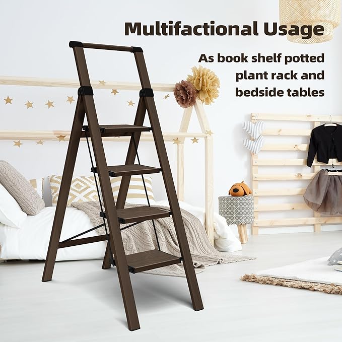 HillhutApex 4 Step Foldable Aluminum Step Ladder with Handgrip, Anti-Slip Pedal, 330lbs Capacity, Lightweight & Portable for Home, Kitchen, Office, Garage (Walnut)