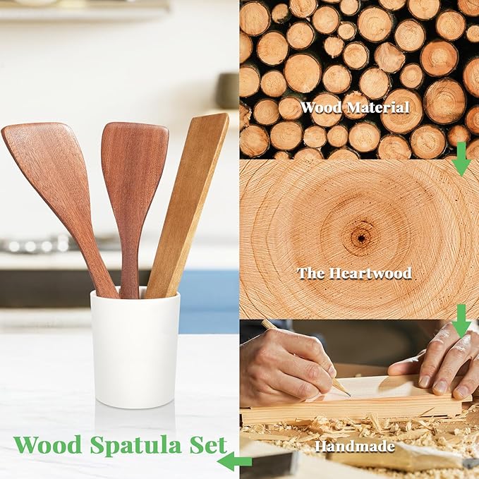 3Pcs Wooden Spatulas, 12inch Long Handle Flat Spatula Set for Nonstick Pans, Multipurpose Wooden Spoons for Cooking, Wood Cooking Utensil for Frying, Flipping, Scraping, and Turning