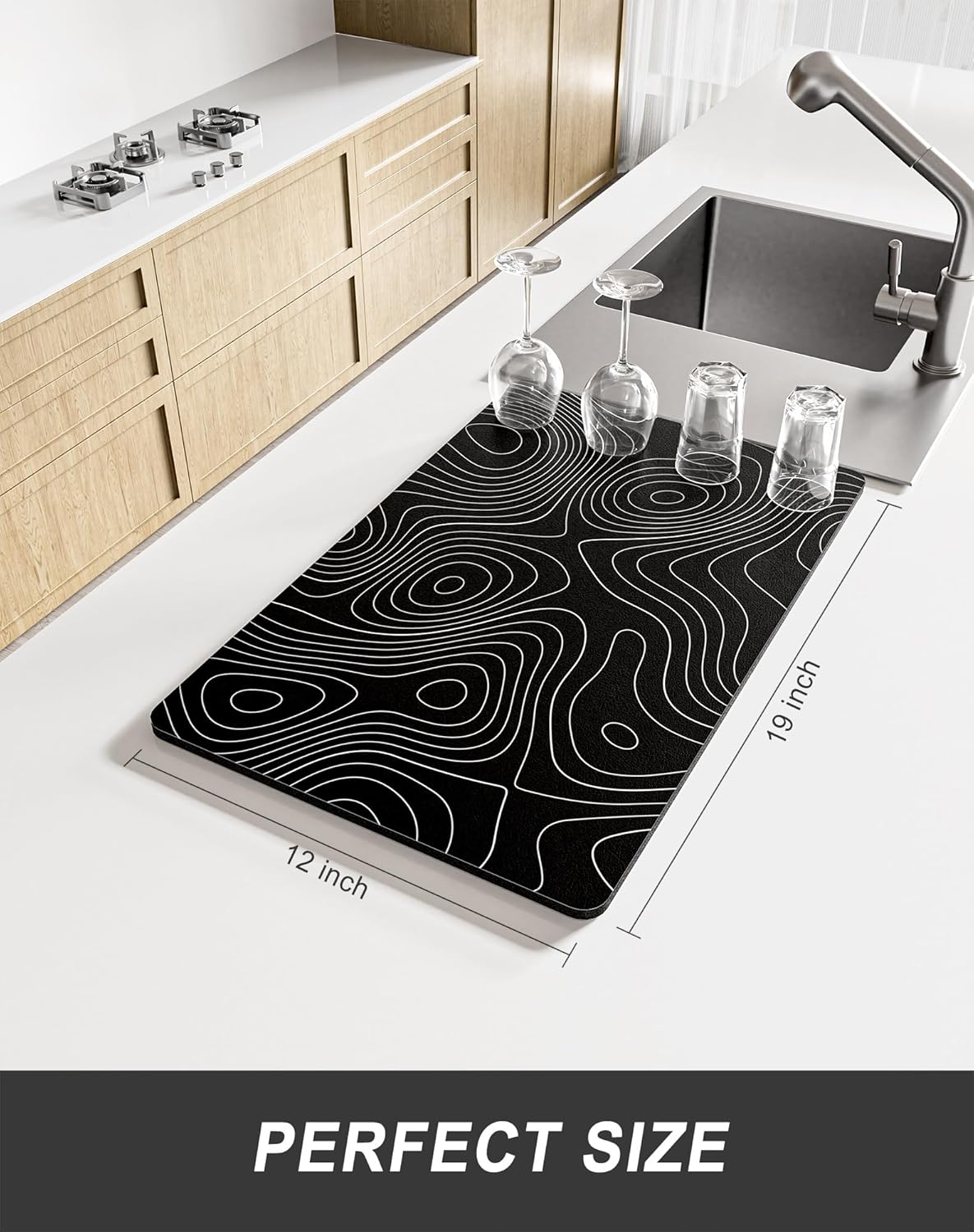 Rnivvi Dish Drying Mat for Kitchen Counter, 12 x 19" Cute Marble Super Absorbent Draining Pad, Non-Slip Heat Resistant Coffee Bar Mats for Coffee Machine Station Accessories, Line Art Dish Rack Pad