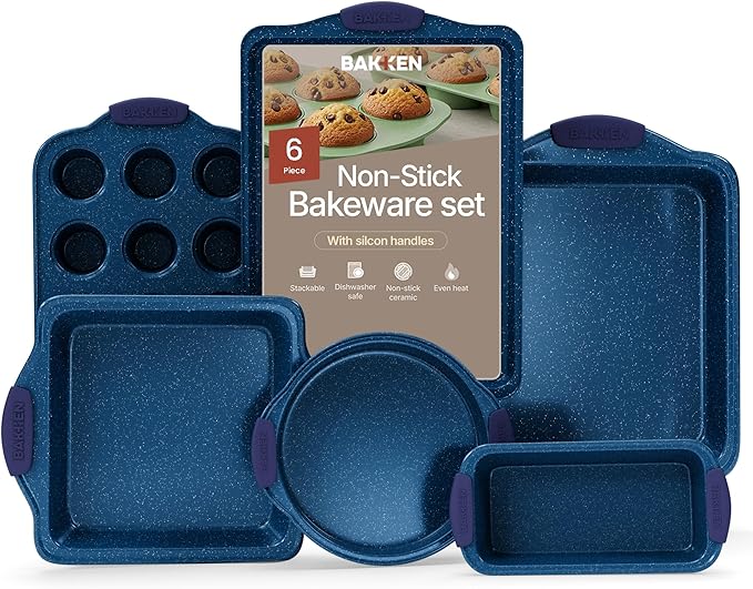 BAKKEN Kitchen Baking Pan Set - Nonstick Coating, Carbon Steel Bakeware Sets with Blue Silicone Handles, Baking Kitchen Essentials, PFOA, PFOS, PTFE Free, Oven Safe Tray (Up To 450° F), Set of 6