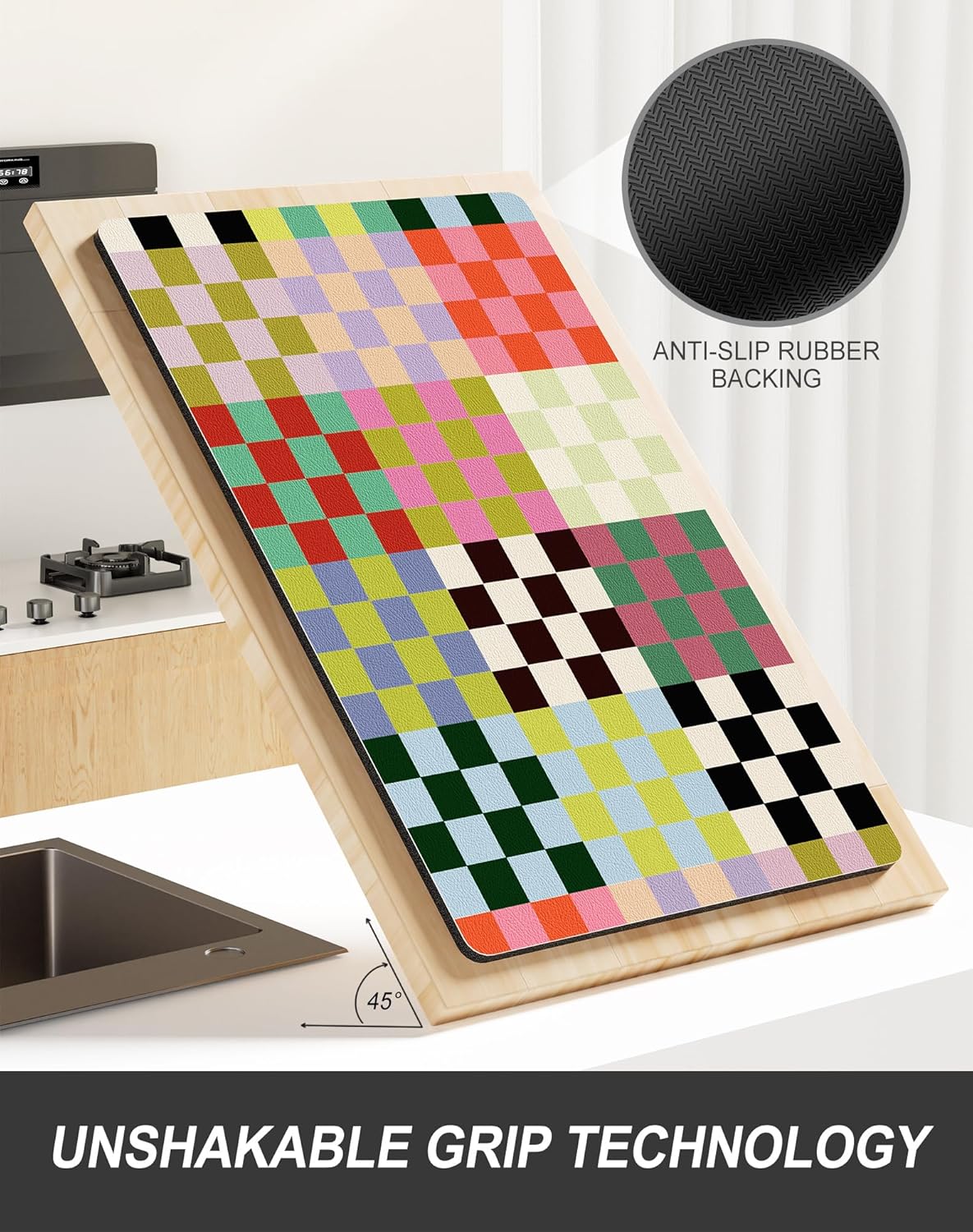 Rnivvi Dish Drying Mat for Kitchen Counter, 12 x 19" Cute Checkered Absorbent Draining Pad, Non-Slip Heat Resistant Coffee Bar Mats for Coffee Machine Station Accessories, Colorful Dish Rack Pad