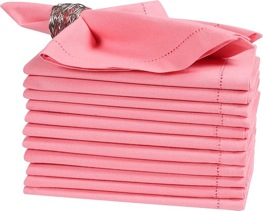 Bedding Craft Cotton Cloth Dinner Napkins Set of 12 – 18x18 Dianthus Pecan Hemstitched – Reusable Machine Washable Fabric Napkins for Weddings, Parties & Everyday Dining