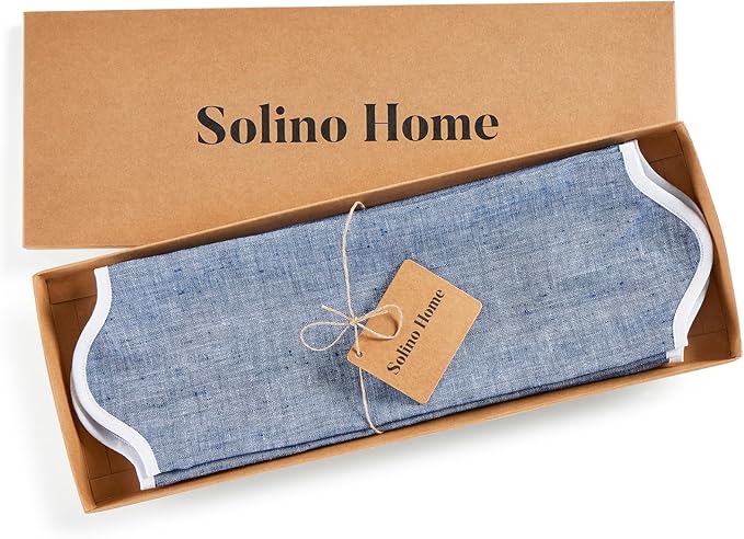 Solino Home Scallop Linen Placemats Set of 4-100% Pure Linen White and Chambray Indigo Round Cloth Placemats 16 Inch for Fall, Autumn - Giselle Scallop Edge, Handcrafted and Machine Washable