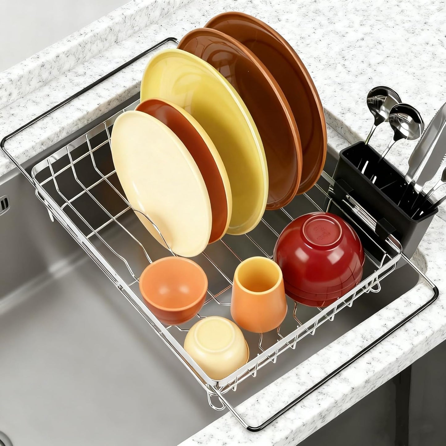 MERRYBOX Sink Dish Drying Rack, Expandable Stainless Steel Dish Drying Rack in Sink/Over The Sink with Large Cutlery Holder for Kitchen Counter(Adjustable 15.4" to 23" cm)