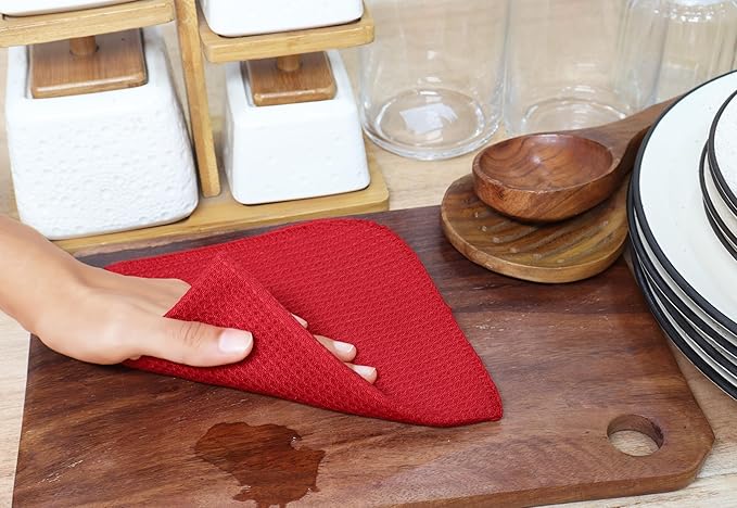 PurpleEssences Dish Cloths and Dish Rags - 8 Pack Waffle Weave Solid Kitchen Dish Wash Cloths, 100% Cotton, 12 x 12 Inches, Ultra Soft Absorbent Quick Drying - Christmas Holiday Winter - Red