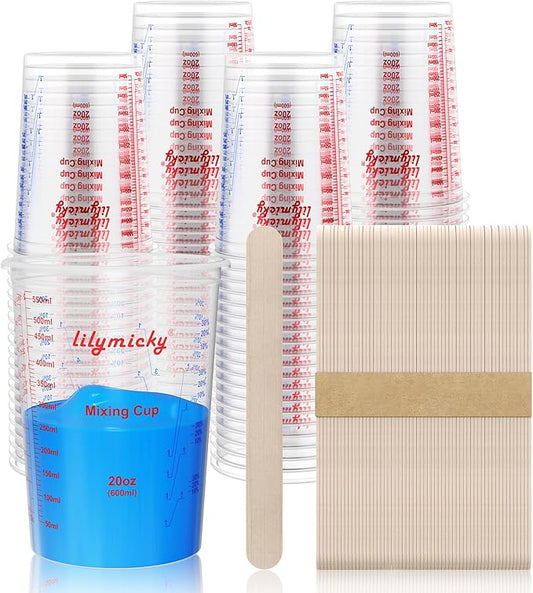 100 Pack Plastic Mixing Cups, 20 oz (600ml), Disposable Measuring Cups with 50 Wooden Mixing Sticks, Measurement ratios: 2:1, 3:1, 4:1, Suitable for Epoxy Resin, Liquid Measuring, and Paint