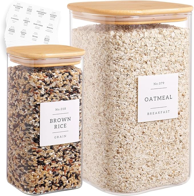Glass Pantry Storage Containers with 132 Kitchen Pantry Labels, 138/50 oz Large Square Flour and Sugar Containers with Airtight Lids, Gallon Glass Jars with Bamboo Lids for Rice, Pasta, Cookies, grain