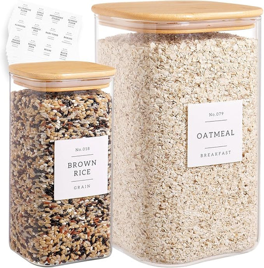 Glass Pantry Storage Containers with 132 Kitchen Pantry Labels, 138/50 oz Large Square Flour and Sugar Containers with Airtight Lids, Gallon Glass Jars with Bamboo Lids for Rice, Pasta, Cookies, grain
