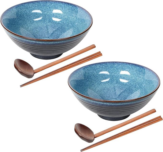 Ceramic Japanese Style Ramen Bowl Set with Chopsticks,8 inch 40 oz Pho Bowls & Asian Soup Bowl and Spoons Set for Udon Noodle,Soba,Miso Soup,Set of 2 (blue)