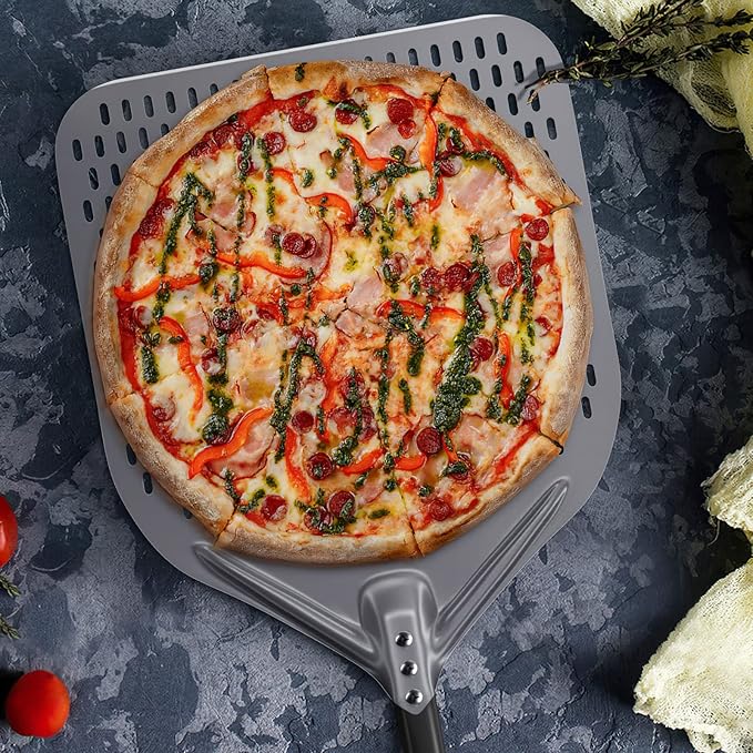 14" Perforated Pizza Peel, 14" x 16" Lightweight Aluminum Pizza Turning Peel, Commercial Pizza Paddle, 34 Inch Overall