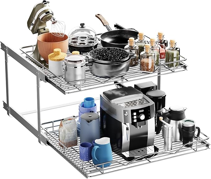 HOLDN’ STORAGE Two Tier Pull Out Cabinet Organizer, Individual Sliding Drawers - Heavy Duty Metal with Lifetime Limited Warranty - Anti Rust Chrome Finish - 26.5" W x 21”D x 16.5" H