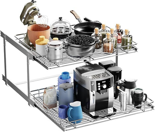 HOLDN’ STORAGE Two Tier Pull Out Cabinet Organizer, Individual Sliding Drawers - Heavy Duty Metal with Lifetime Limited Warranty - Anti Rust Chrome Finish - 26.5" W x 21”D x 16.5" H