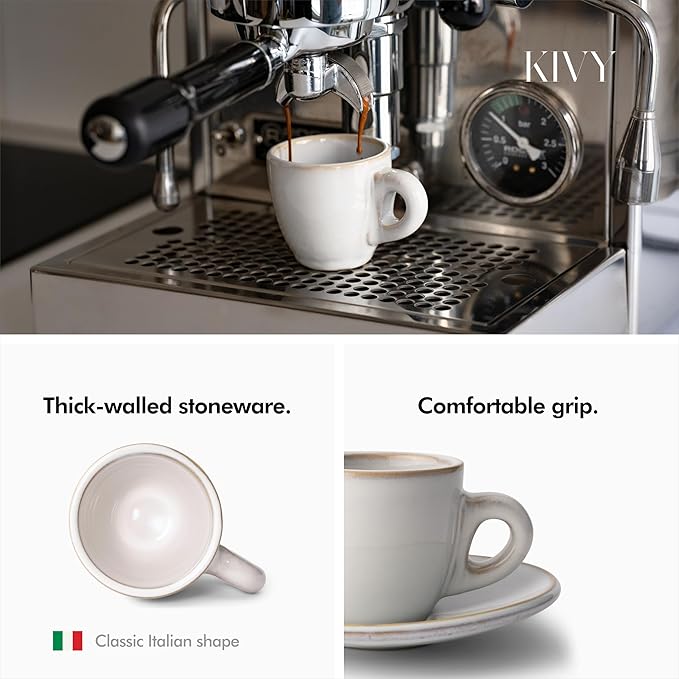 KIVY 3 oz Espresso cups set of 4 - Thick walled stoneware espresso cup set - Italian style espresso cups and saucers - Demitasse cups set of 4 - Small coffee mugs - Demitasse cups and saucers sets