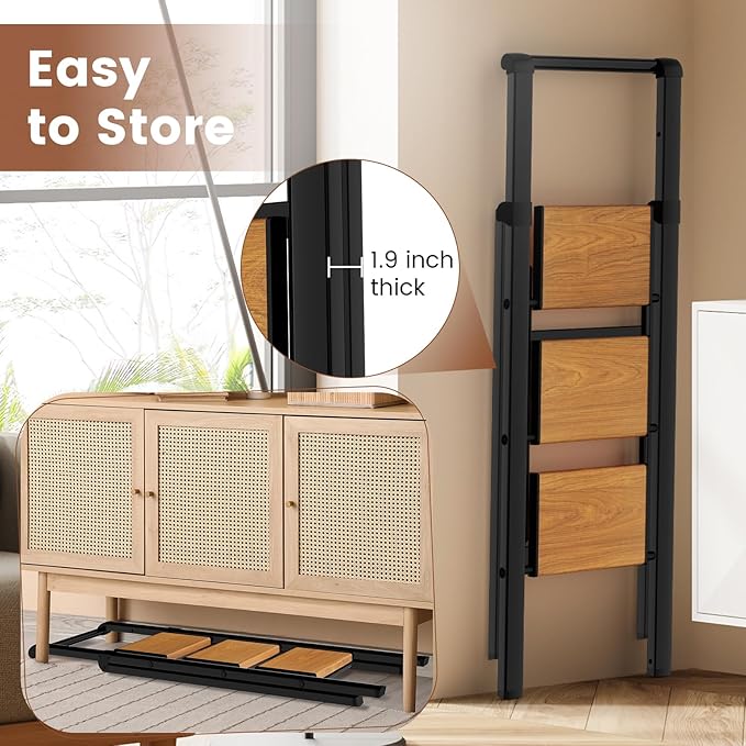 3 Step Ladder with Handrails, Portable Step Stool Foldable, Kitchen Step Stool for Adults 330 lbs, Lightweight Stepping Stool with Non-Slip Pedals, Aluminum Folding Stepladder for Home Garage