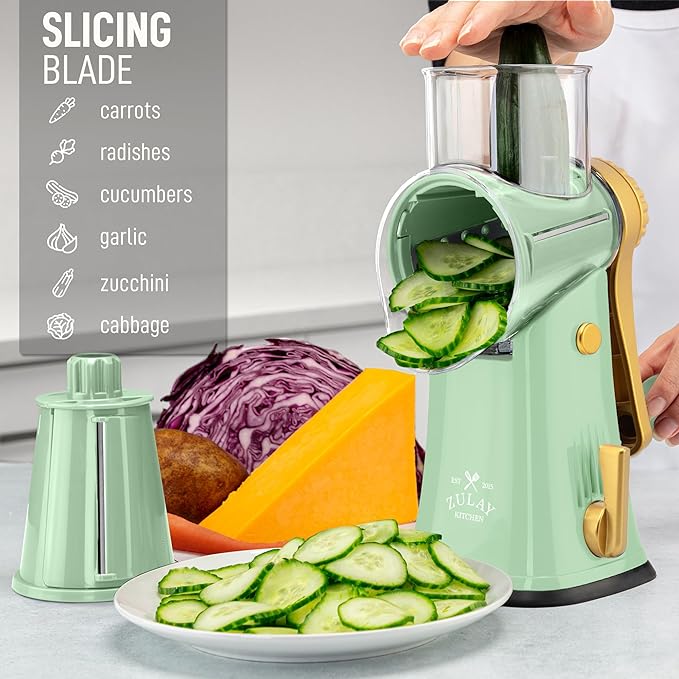 Zulay Kitchen Rotary Cheese Grater 5 Blade Cheese Shredder - Manual Hand Crank Cheese Grater With Reinforced Suction & 5 Interchangeable Drums - Easy to Use, Vegetable Chopper Round Mandoline Slicer