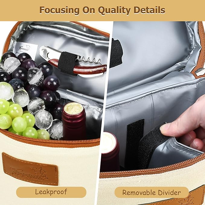 Tirrinia 2 Bottle Wine Gift Tote Carrier - Leakproof & Insulated with large pockets Wine Cooler Bag for Travel, Wine Tasting, Party, Dinner, Great Gift for Wine Lover