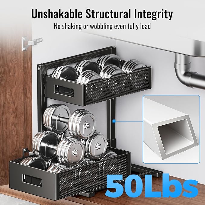 2-Tier Under Sink Organizer, Silk-Smooth Metal Sliding Drawer Organizers and Storage Rack, Pull Out Cabinet Shelf for Kitchen, Bathroom, Pantry, Cabinet, Closet