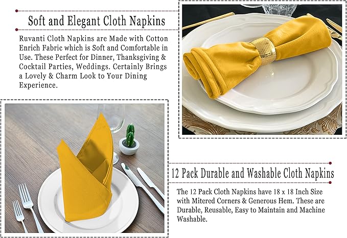 Ruvanti Cloth Napkins Set of 12, 18x18 Inches Napkins Cloth Washable, Soft, Durable, Absorbent, Cotton Blend. Table Dinner Napkins Cloth for Hotel, Lunch, Restaurant, Wedding Event, Parties - Mustard