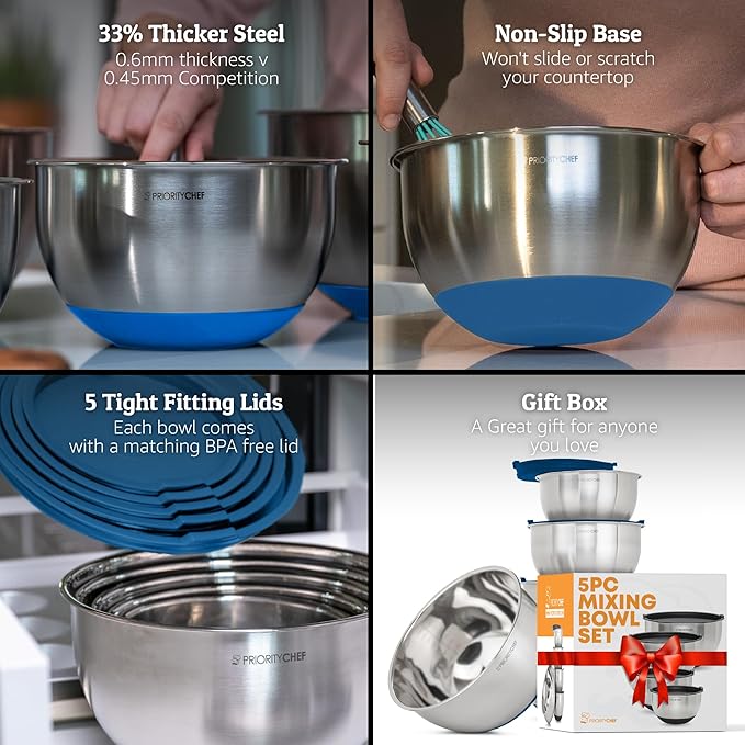 Priority Chef Premium Mixing Bowls With Airtight Lids Set, Thicker Stainless Steel Mixing Bowl Set, Large Prep Metal Bowls with Lids, Nesting Bowls for Kitchen, 1.5/2/3/4/5 Qrt, Blue